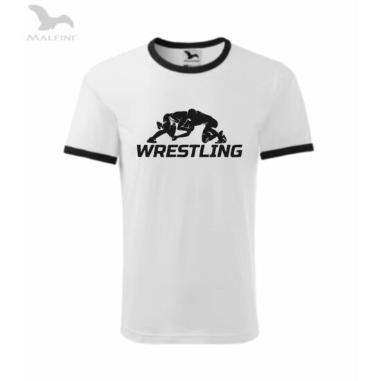 Férfi póló, fekete ujjú - wrestling mintával - fehér, fekete
