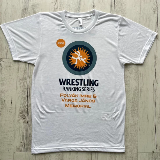 Férfi fehér szublimációs birkózó póló - UWW Wrestling-Ranking Series mintával