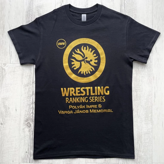 Férfi fekete-arany pamut birkózó póló - UWW Wrestling-Ranking Series mintával