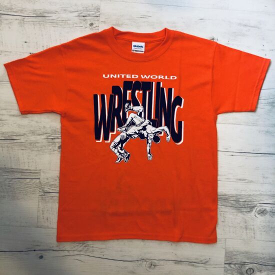 Gyerek póló - Nagy fekete wrestling felirattal dobós mintával - narancssárga pólón
