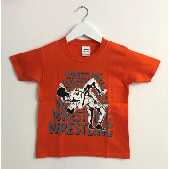 Gyerek póló - Wrestling hatsoros felirattal dobós mintával - narancssárga pólón