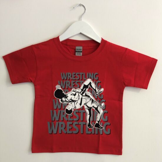 Gyerek póló - Wrestling hatsoros felirattal dobós mintával - piros pólón