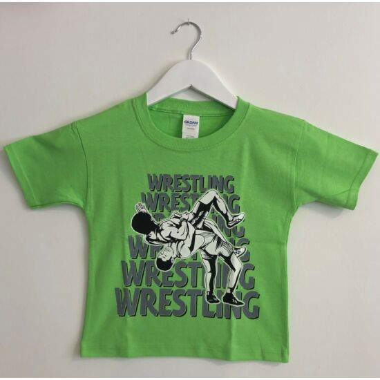 Gyerek póló - Hatsoros szürke wrestling felirattal dobós mintával - zöld pólón