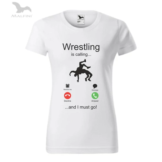 Női technikai póló - Wrestling is calling...-fekete mintával - fehér pólón