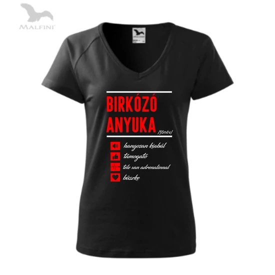 Női fekete póló, piros-fehér birkózó anyuka mintával