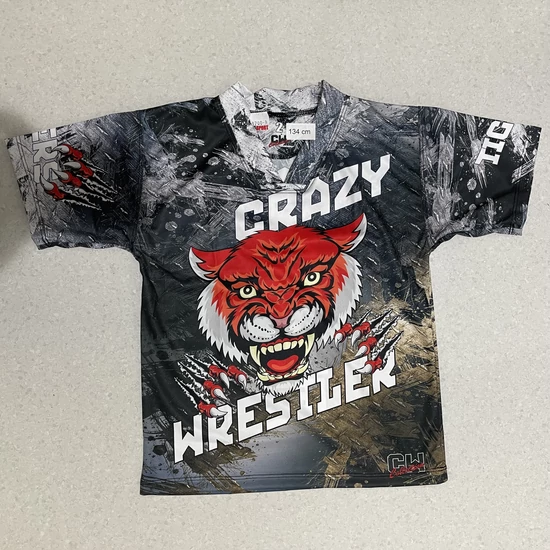 Férfi V nyakú technikai póló (rashguard) - piros tigrises mintával - szürkés pólón
