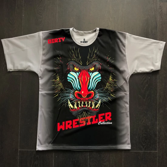 Férfi technikai póló (rashguard) - Pávián mintával - szürke hátú pólón