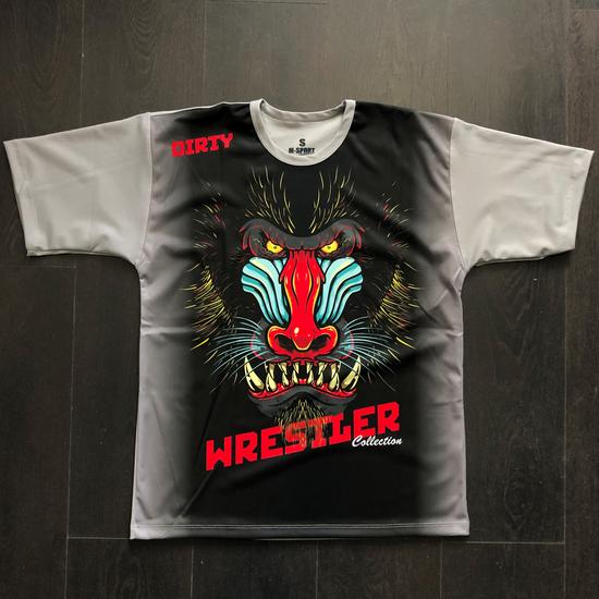 Férfi technikai póló (rashguard) - Pávián mintával - szürke hátú pólón