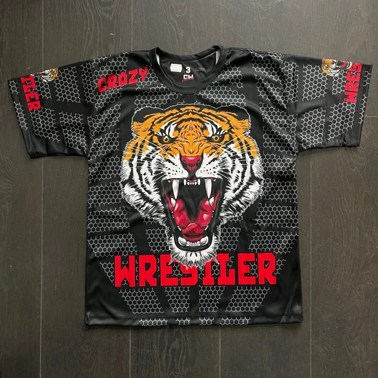 Férfi, gyerek technikai póló (rashguard) - tigrises mintával - fekete pólón