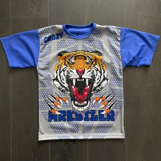 Férfi, gyerek technikai póló (rashguard) - tigrises mintával - kék pólón