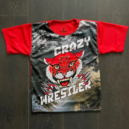 Férfi, gyerek technikai póló (rashguard) - tigrises mintával - piros pólón