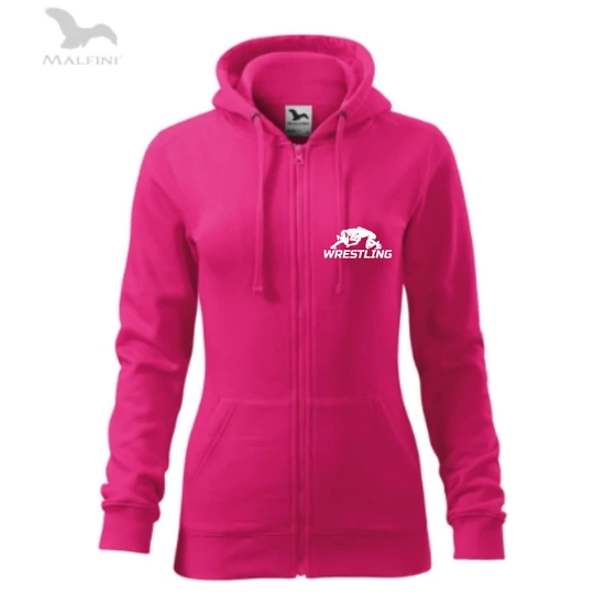 Női kapucnis, cipzáros pulóver, új wrestling mintával, pink-fehér